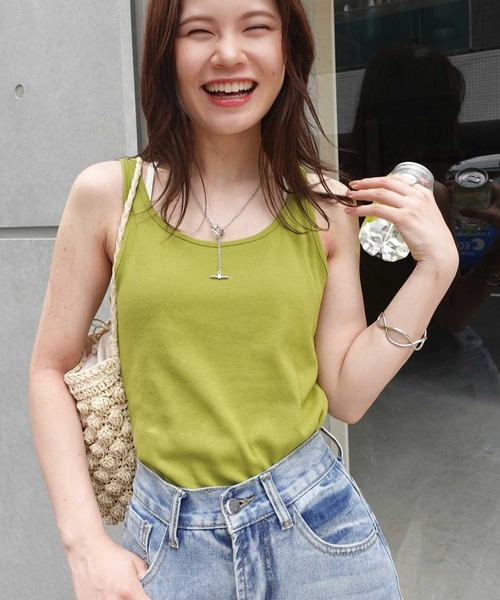 CORNERS（コーナーズ）の「2way三角開きテレコリブタンク（タンクトップ・レディース・ホワイト/ブラック/グリーン・M）」の4枚目の写真