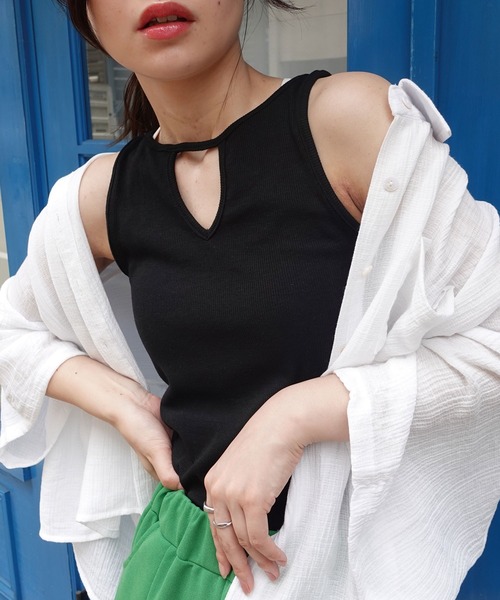 CORNERS（コーナーズ）の「2way三角開きテレコリブタンク（タンクトップ・レディース・ホワイト/ブラック/グリーン・M）」の8枚目の写真