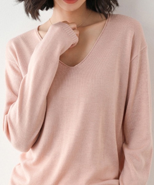Coo+i（クーイ）の「Vネック長袖ニット（ニット/セーター・レディース・ピンク/ブルー/ミント/ブラック/ホワイト/パープル/マスタード・FREE）」の7枚目の写真