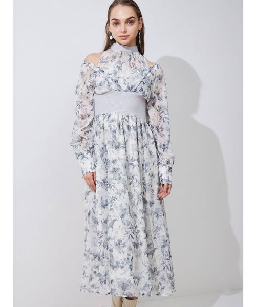 MERCURYDUO（マーキュリーデュオ）の「水彩フラワーウエストリブカシュクールワンピース（ワンピース・レディース・ライトグレー/ベージュ/ピンク・SMALL/MEDIUM）」の9枚目の写真