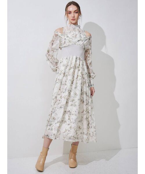 MERCURYDUO（マーキュリーデュオ）の「水彩フラワーウエストリブカシュクールワンピース（ワンピース・レディース・ライトグレー/ベージュ/ピンク・SMALL/MEDIUM）」の19枚目の写真