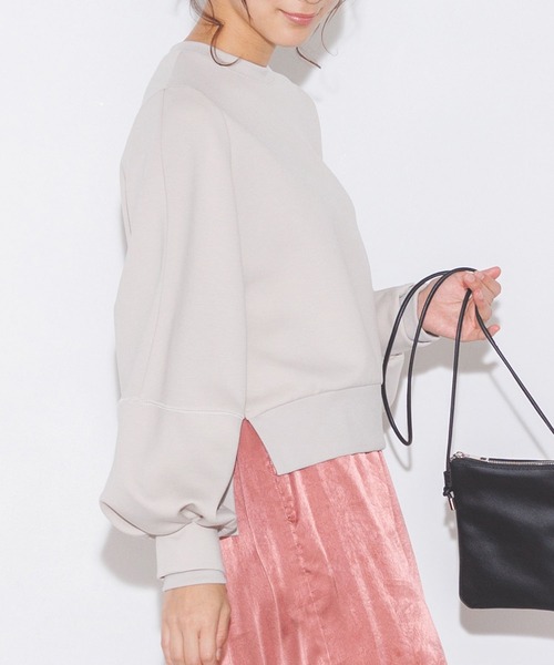 無地ダンボールボリューム袖プルオーバー|レディーストップススウェットトレーナーボリューム袖バルーン袖