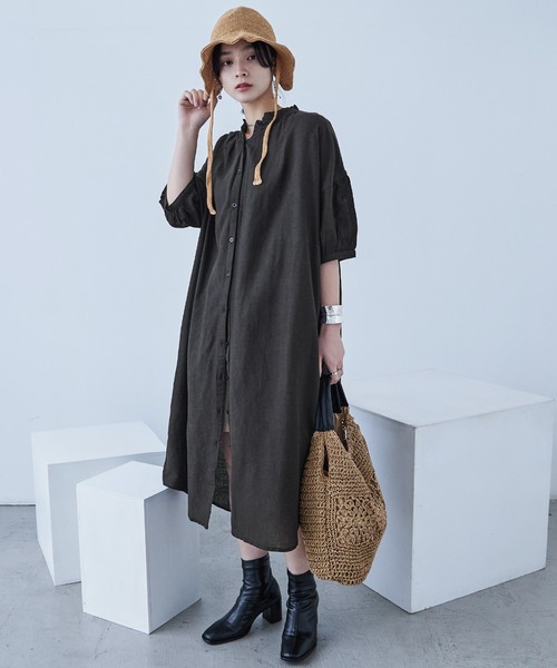 Fashion Letter（ファッションレター）の「襟プリーツワンピース（シャツワンピース・レディース・カーキ/ベージュ/チャコール・M）」の2枚目の写真