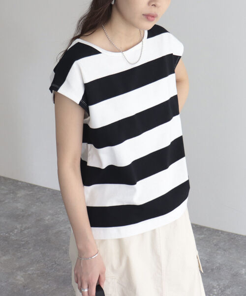 fredy emue(フレディエミュ)の「OEボーダー/無地2WAYフレンチTシャツ(Tシャツ/カットソー・レディース・ピンク系その他/ブラック系その他/アイボリー・38)」の1枚目の写真