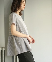 OPAQUE.CLIP | サッカーストライプ ペプラムブラウス【イージーケア/吸水速乾/ストレッチ/洗濯機洗い可】(シャツ/ブラウス)