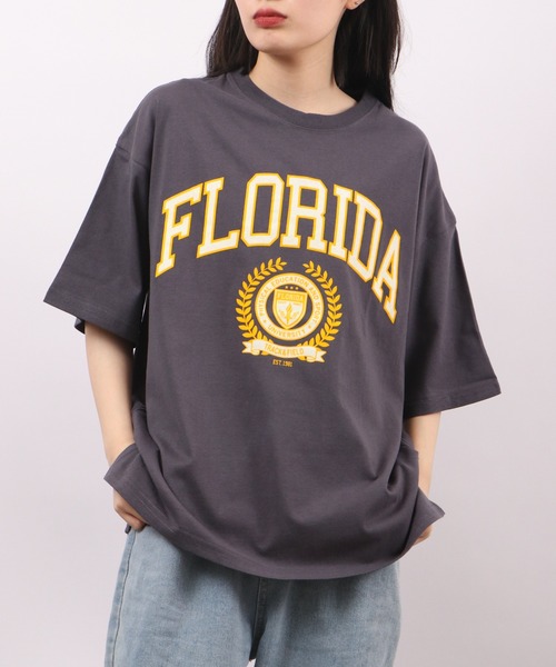 spiritoso(スピリトーゾ)の「spiritoso フロッキープリント フロリダ半袖Tシャツ(Tシャツ/カットソー・レディース・グレイッシュベージュ/グレー/スミクロ/ホワイト・F)」の2枚目の写真
