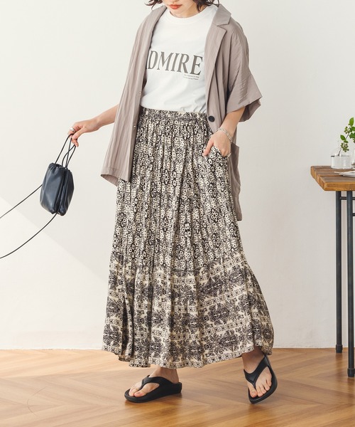 lil nina（リルニーナ）の「レーヨン プリント ギャザーフレアスカート（スカート・レディース・ライトベージュ/パープル/ネイビー・FREE）」の19枚目の写真