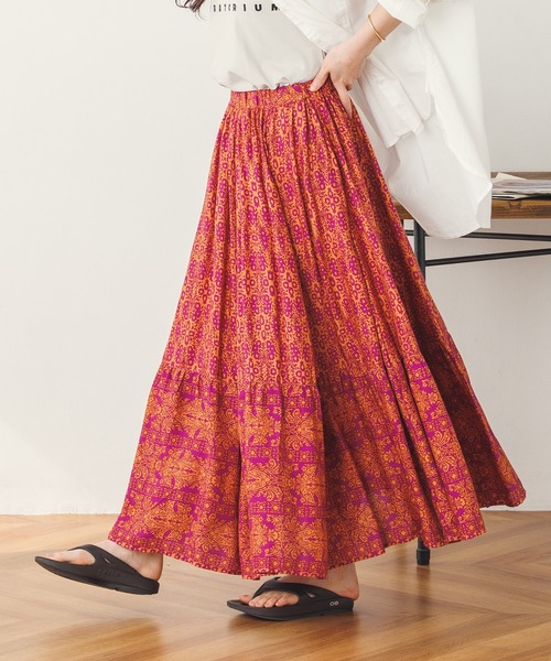 lil nina（リルニーナ）の「レーヨン プリント ギャザーフレアスカート（スカート・レディース・ライトベージュ/パープル/ネイビー・FREE）」の13枚目の写真