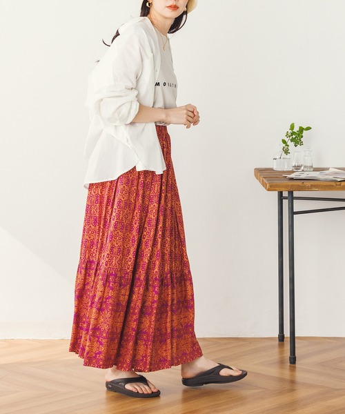 lil nina（リルニーナ）の「レーヨン プリント ギャザーフレアスカート（スカート・レディース・ライトベージュ/パープル/ネイビー・FREE）」の20枚目の写真