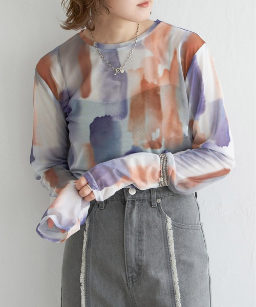 notch.（ノッチ）の「水彩チュールクルーネックT（Tシャツ/カットソー・レディース・ベージュ/オフホワイト/ホワイト/ライトグレー/ベージュ系その他/グレー・M）」の3枚目の写真