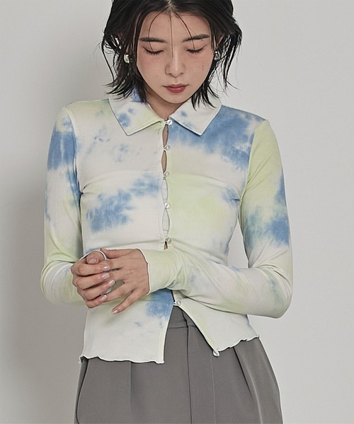 セール】フロントボタンムラ染めリブトップス（Tシャツ