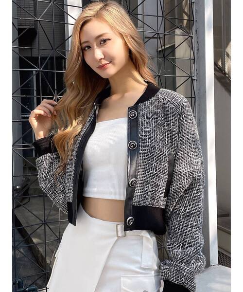 GYDA（ジェイダ）の「mix material ライト中綿ブルゾン（ブルゾン・レディース・オフホワイト/ブラック・FREE）」の4枚目の写真