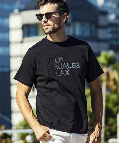 【セール】1PIU1UGUALE3 RELAX(ウノピゥウノウグァーレトレ リラックス)ラインストーンロゴ半袖Tシャツ（Tシャツ/カットソー）｜1PIU1UGUALE3 RELAX （ウノピゥウノウグァーレトレ リラックス）