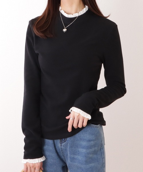 Lace Ladies(レースレディース)の「レース ドッキング プチハイネック 長袖 プルオーバー(Tシャツ/カットソー・レディース・ブラック/ホワイト・XL/M/S)」の1枚目の写真