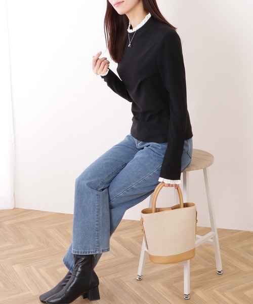 Lace Ladies(レースレディース)の「レース ドッキング プチハイネック 長袖 プルオーバー(Tシャツ/カットソー・レディース・ブラック/ホワイト・XL/M/S)」の4枚目の写真