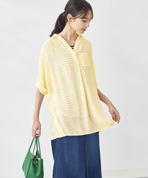 BELLUNA PLUS(ベルーナ)の「スラブ素材裾ボタン使いシャツアンサンブル(アンサンブル・レディース・オリーブ/オフホワイト/イエロー/ネイビー/ストライプ・SMALL/X-LARGE/LARGE/MEDIUM)」の7枚目の写真