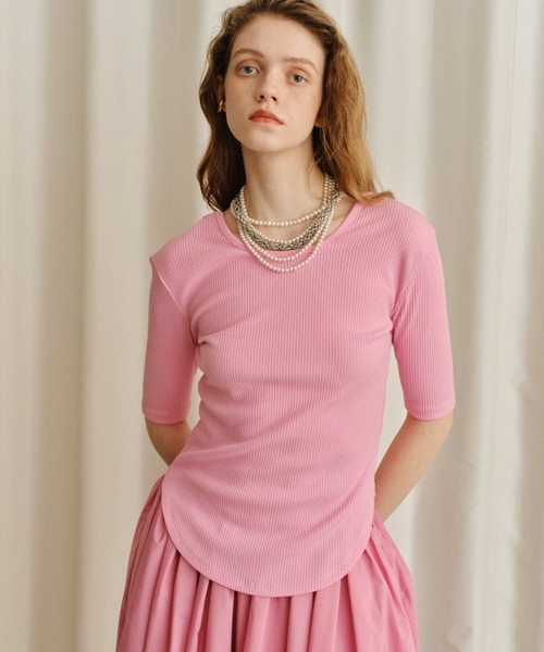 yae(ヤエ)の「Short sleeve 2way U-neck rib top / ショートスリーブ2wayUネックリブトップス(Tシャツ/カットソー・レディース・グレー/ブラック/ライトブルー/ベビーピンク・36/38)」の13枚目の写真