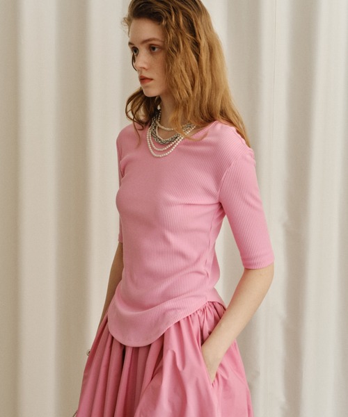 yae(ヤエ)の「Short sleeve 2way U-neck rib top / ショートスリーブ2wayUネックリブトップス(Tシャツ/カットソー・レディース・グレー/ブラック/ライトブルー/ベビーピンク・36/38)」の14枚目の写真