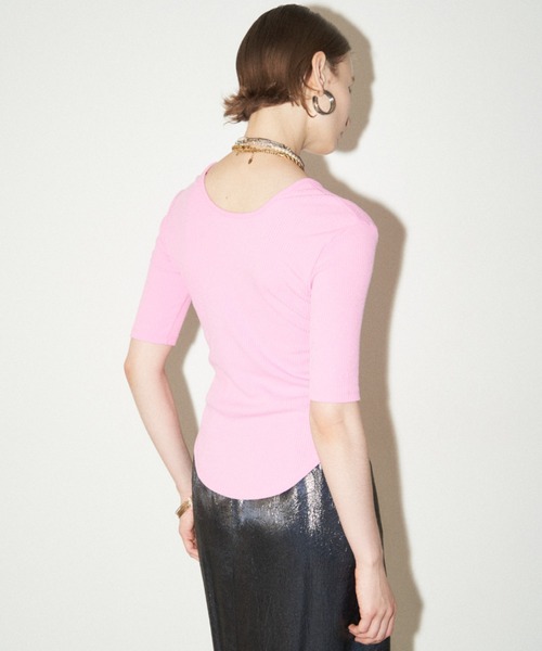 yae(ヤエ)の「Short sleeve 2way U-neck rib top / ショートスリーブ2wayUネックリブトップス(Tシャツ/カットソー・レディース・グレー/ブラック/ライトブルー/ベビーピンク・36/38)」の10枚目の写真