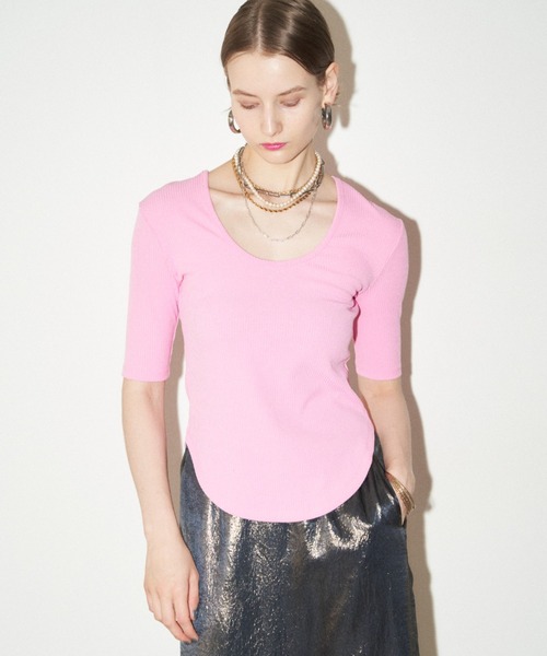yae(ヤエ)の「Short sleeve 2way U-neck rib top / ショートスリーブ2wayUネックリブトップス(Tシャツ/カットソー・レディース・グレー/ブラック/ライトブルー/ベビーピンク・36/38)」の11枚目の写真