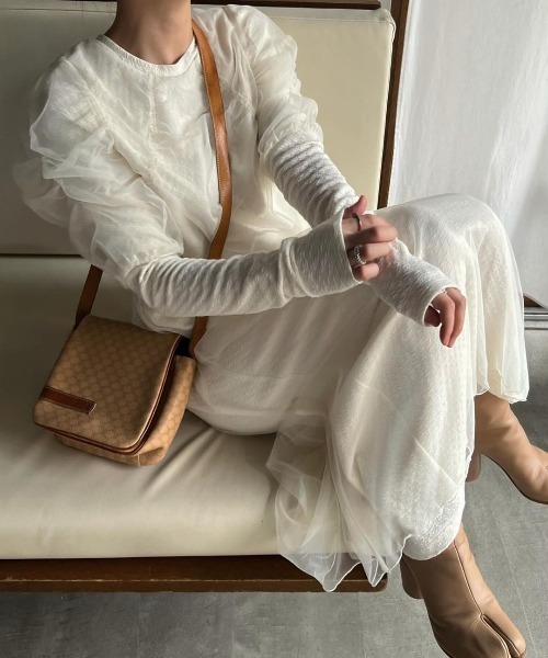 WILLFULLY（ウィルフリー）の「layered tulle floating jacquard gather OP（ワンピース・レディース・ブラック/ライトホワイト・FREE）」の9枚目の写真