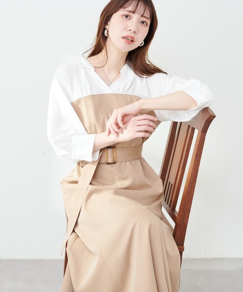natural couture(ナチュラルクチュール)の「WEB限定 /【プチナチュ】ドッキングシャツワンピース(ワンピース・レディース・ミント/ベージュ/ブラック/ブルー・SMALL/MEDIUM)」の3枚目の写真