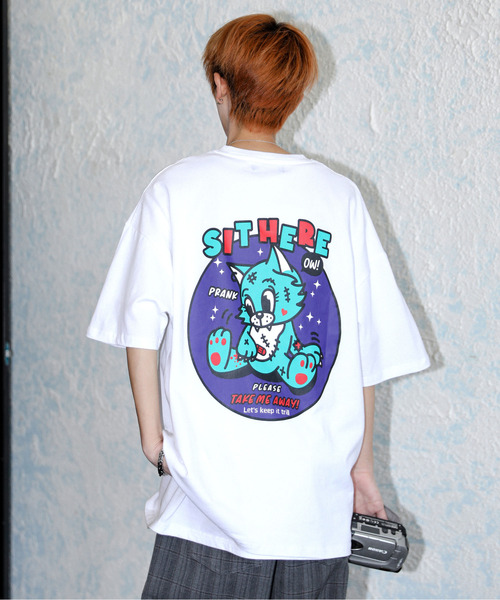 【セール】【neos】ルーズシルエット イラスト 猫 ロゴ 刺繍 バックプリント ハーフスリーブ Tシャツ（Tシャツ/カットソー）｜neos（ネオス）