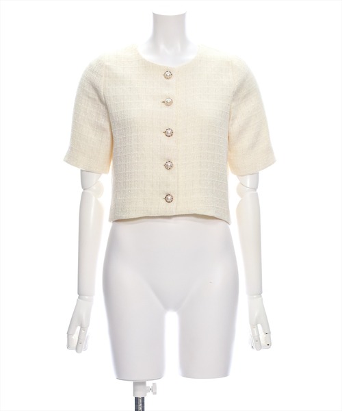 値下げcccmalie シーマリ　ツイード半袖　ホワイト セール】ビジューボタンサマーツイード半袖ジャケット[オフィス