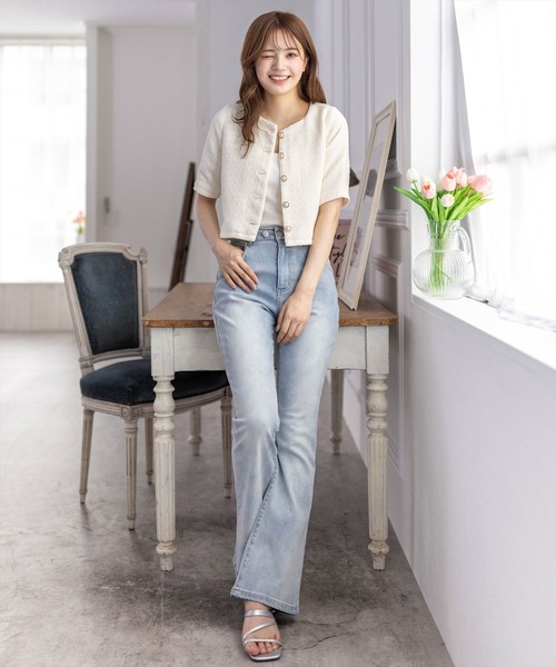 clear（クリア）の「ビジューボタンサマーツイード半袖ジャケット[オフィスカジュアル 着回し抜群 大人]≪再入荷≫（カーディガン/ボレロ・レディース・サックスブルー/ピンク/アイボリー・F）」の5枚目の写真