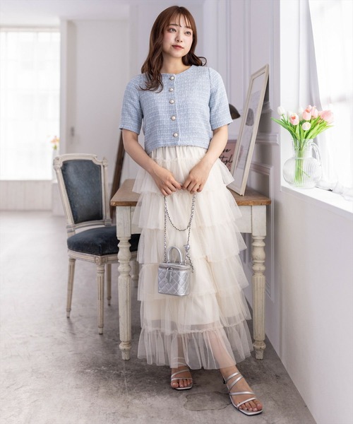 セール】ビジューボタンサマーツイード半袖ジャケット[オフィス