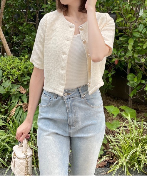 clear（クリア）の「ビジューボタンサマーツイード半袖ジャケット[オフィスカジュアル 着回し抜群 大人]≪再入荷≫（カーディガン/ボレロ・レディース・サックスブルー/ピンク/アイボリー・F）」の20枚目の写真