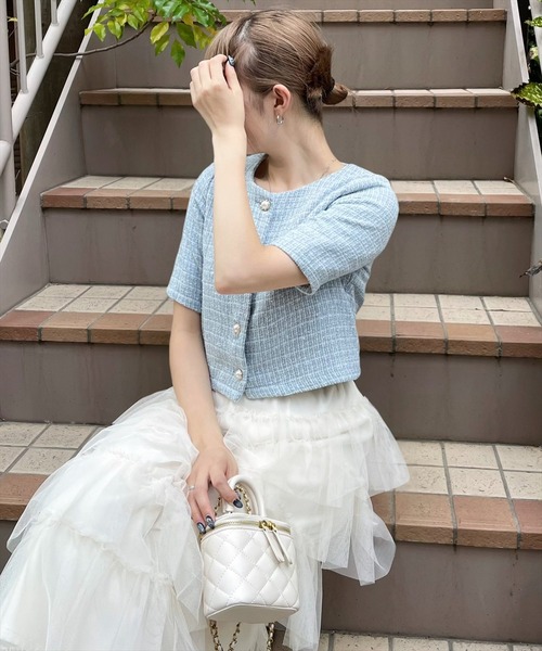 clear（クリア）の「ビジューボタンサマーツイード半袖ジャケット[オフィスカジュアル 着回し抜群 大人]≪再入荷≫（カーディガン/ボレロ・レディース・サックスブルー/ピンク/アイボリー・F）」の21枚目の写真