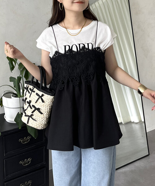 prose verse(プロズヴェール)の「フロントレースナローストラップビスチェ(キャミソール・レディース・ブラック・LARGE/MEDIUM)」の1枚目の写真