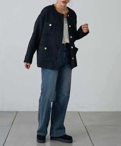 COLONY 2139（コロニートゥーワンスリーナイン）の「MIXツイードノーカラージャケット（ノーカラージャケット・レディース・ブラック/グレー・FREE）」の7枚目の写真