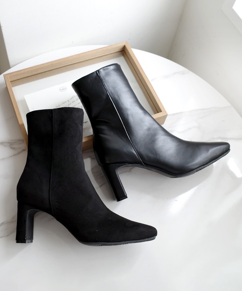 スクエアトゥ レートヒールショートブーツ/ミドルブーツ（ブーツ）｜AmiAmi（アミアミ）