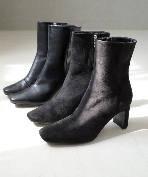 スクエアトゥ レートヒールショートブーツ/ミドルブーツ（ブーツ）｜AmiAmi（アミアミ）