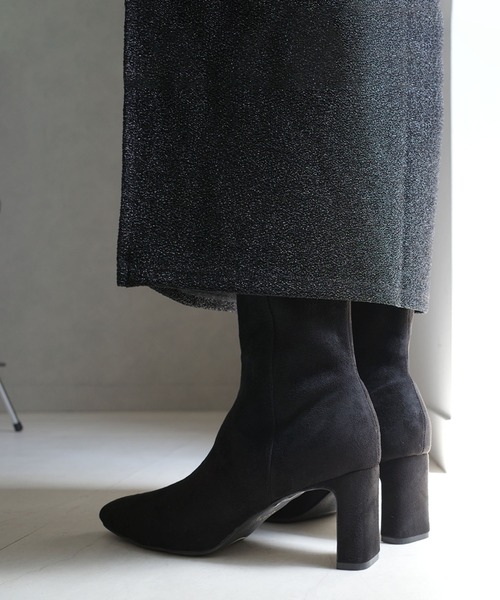 スクエアトゥ レートヒールショートブーツ/ミドルブーツ（ブーツ）｜AmiAmi（アミアミ）