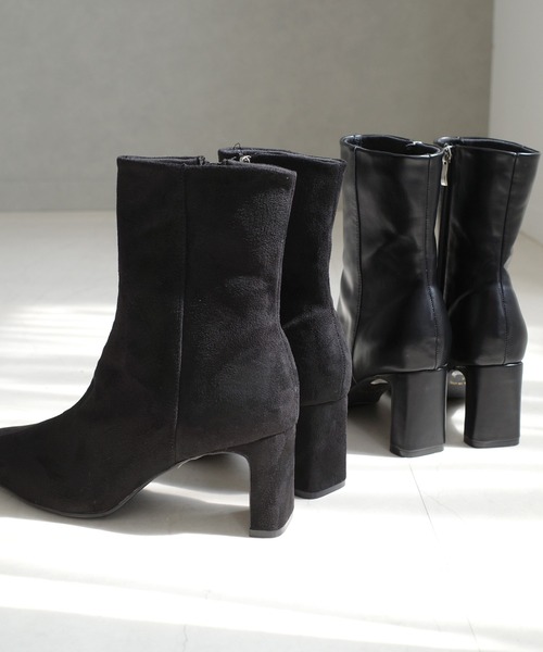 スクエアトゥ レートヒールショートブーツ/ミドルブーツ（ブーツ）｜AmiAmi（アミアミ）