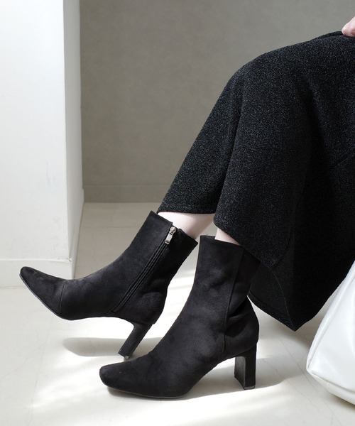 スクエアトゥ レートヒールショートブーツ/ミドルブーツ（ブーツ）｜AmiAmi（アミアミ）