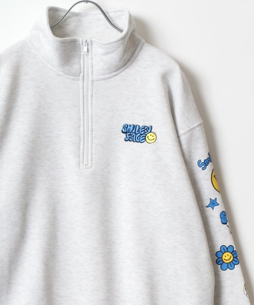 セール】SMILEY FACE/スマイリーフェイス 裏起毛 ワンポイント刺繍 袖
