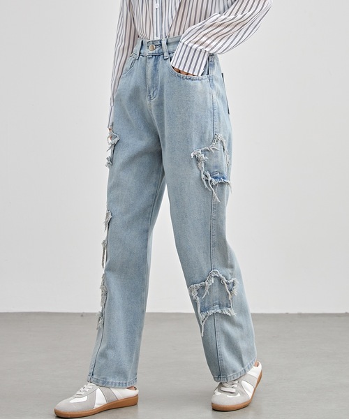 セール】スター パッチ セミワイド ストレート デニム パンツ