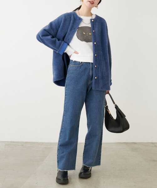 natural couture(ナチュラルクチュール)の「ジト目ねこちゃん裏毛プルオーバー(Tシャツ/カットソー・レディース・オフホワイト/チャコールグレー・FREE)」の9枚目の写真