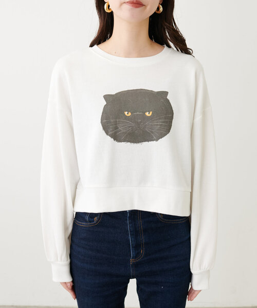 natural couture(ナチュラルクチュール)の「ジト目ねこちゃん裏毛プルオーバー(Tシャツ/カットソー・レディース・オフホワイト/チャコールグレー・FREE)」の16枚目の写真