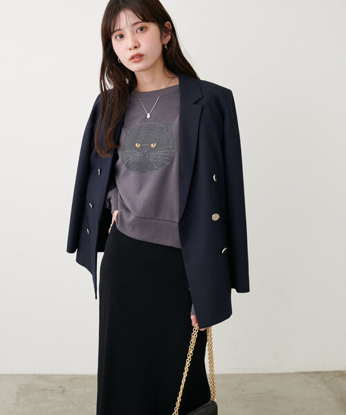 natural couture(ナチュラルクチュール)の「ジト目ねこちゃん裏毛プルオーバー(Tシャツ/カットソー・レディース・オフホワイト/チャコールグレー・FREE)」の14枚目の写真