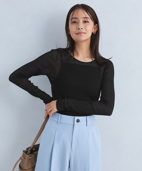 【新品】UAグリーンレーベル クルーネックシアーカーディガン　ウォッシャブル 黒 UNITED ARROWS green label relaxing｜グロッシーラメ クルー