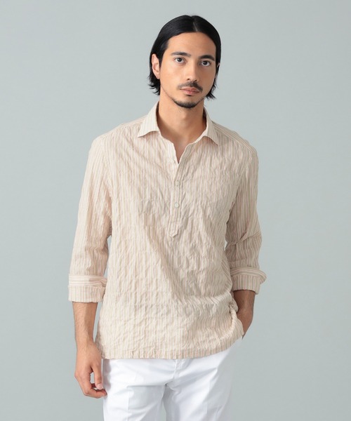 BRILLA per il gusto（ブリッラペルイルグースト）の「コットンポリウレタン ベージュストライプ プルオーバー シャツ（シャツ/ブラウス・メンズ・ブラウン系その他2・XL/L/S/M）」の9枚目の写真