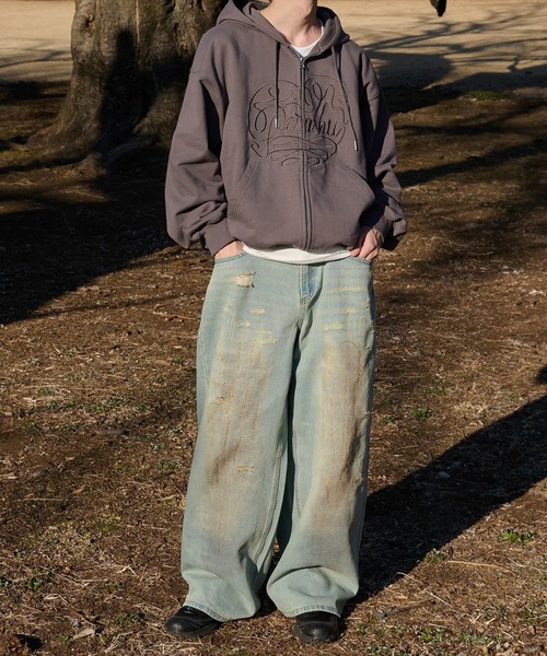 Perushu（ペルーシュ）の「double zip heart embroidery foodie ダブルジップハート刺繍フーディ（パーカー・メンズ・ピンク/ネイビー/ライトベージュ/チャコールグレー・MEDIUM/LARGE）」の13枚目の写真