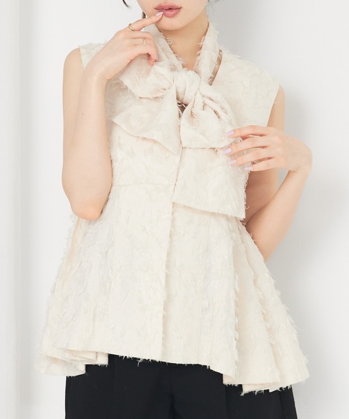ブラウス シャツ 「セットアップ対応」リボン付きタックペプラムジャガードジレ 春服 夏服 レイヤード レディース セットアップ対応】リボン付きタックペプラムジャガードジレ 春