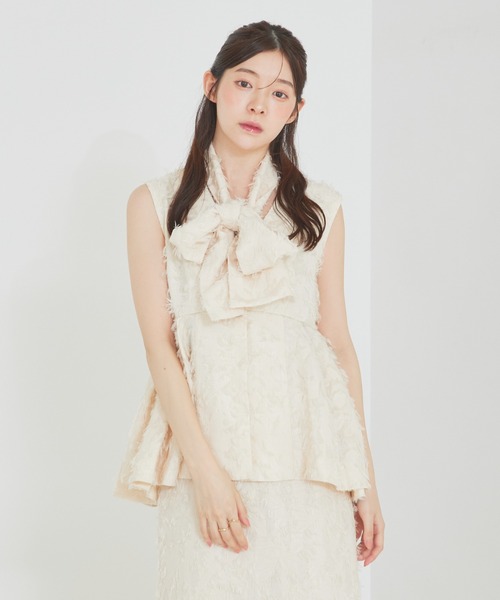 ブラウス シャツ 「セットアップ対応」リボン付きタックペプラムジャガードジレ 春服 夏服 レイヤード レディース セール】【セットアップ対応】リボン付きタックペプラム
