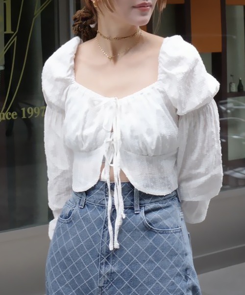 HEILIS(ヘイリス)の「《hideka select》コットン刺繍リボン長袖ブラウス / ボレロ 刺繍ブラウス ショート丈 クロップド丈 アイボリー ホワイト コンパクト(シャツ/ブラウス・レディース・アイボリー・FREE)」の1枚目の写真